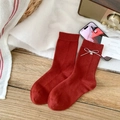 Dark red polka dot wool socks for women with ribbon bow and silver heart pendant detail - One Size / Bow