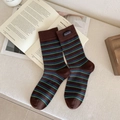 Retro striped crew socks in dark brown with blue and green lines and handmade label - One Size / Coffee