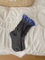 Grey cotton crew socks with blue checkered ruffle cuffs and ribbed knit texture - Dark Gray