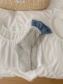 Light gray cotton crew socks featuring blue gingham ruffle trim in a flat lay style - Light Gray