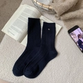 Dark blue ribbed knit wool socks with golden puppy charm for cozy winter style - Navy Blue