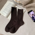 Dark brown wool knit crew socks with ribbed texture and gold puppy charm detail - Coffee
