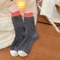 Thick dark grey wool socks with pink ribbing and white toe detail for winter comfort - One Size / Dark Gray