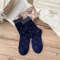 Dark blue wool blend crew socks with white floral print and gray ribbed cuffs - One Size / Navy Blue