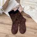 Brown wool socks with small white floral patterns and black ribbed cuffs for women - One Size / Coffee