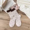 Beige floral wool socks with vintage pattern and dark brown ribbed cuffs for women - One Size / Oatmeal