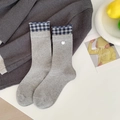 Mid-calf cotton socks in grey with blue gingham trim and striped knit texture - One Size / Grey Mother-of-Pearl