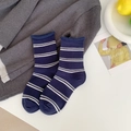 Ballet style dark blue striped cotton crew socks with bow detail and ribbed cuffs - One Size / Blue Stripe