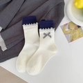 White ballet-style crew socks with blue ribbed cuffs and a plaid bow decoration - One Size / White Ruffle Edge