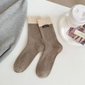 Minimalist brown and beige two-tone knit crew socks with a handmade fabric label - One Size / Camel