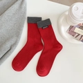 Mid-calf red cotton socks with grey ribbed cuffs and handmade tag detail - One Size / Red