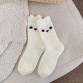Winter plush cream white cat embroidery socks with cute blue eyes and fleece lining - Ribbed Ear Style (M5184-1)