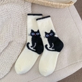Winter plush thermal socks featuring cute embroidered black cat in creamy white - Big Cat Style (M5184-2)