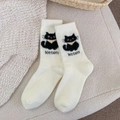 White winter plush socks with black cat embroidery and kitten lettering detail - Yellow Scarf Bear (M5184-3)