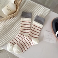 Red striped ivory wool blend mid-calf socks with dark grey ribbed cuffs for women - One Size / Creamy White