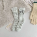 Thick light blue mink velvet cable knit socks with cute bow detail for winter - One Size / Light Blue