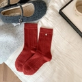Red wool ribbed crew socks with silver button accent and grey Mary Jane flats - One Size / Burgundy