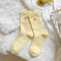 Yellow and white striped fuzzy crew socks with cute chick embroidery for winter warmth - Yellow White Stripes