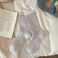 Oatmeal and white patchwork wool socks with vertical rib knit in a cozy home setting - One Size / Milk Tea