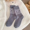 Deep grey Fair Isle knit socks with pink bow patterns and warm plush texture - One Size / Dark Gray