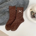Brown crew socks with white polka dots and silk ribbon bow detail for winter - Polka Dot Bow / Coffee
