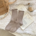 Brown ribbed mid-calf socks with delicate ruffle trim for a cozy autumn look - Milk Coffee
