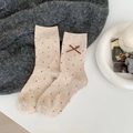 Beige wool mid-calf socks with red polka dots and a brown bow tie accessory - Polka Dot Bow / Milk Tea