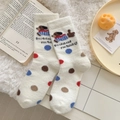 White thermal crew socks with cartoon dachshund pattern and colorful polka dots - Colorful Large Polka Dots