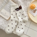 Thick warm white thermal socks with dark polka dots and cartoon puppy embroidery - Coffee Small Polka Dots