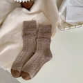 Brown knit crew socks with embossed heart embroidery and stylish ruffled cuffs - One Size / Light Coffee