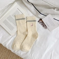 Beige speckled mid-calf socks with cute rabbit embroidery and striped ribbed cuffs - One Size / Milky Yellow (Rabbit Embroidery)