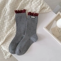 Grey mid-calf cotton socks with green polka dots and burgundy ruffled lace trim - One Size / Medium Grey