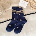 Calze di lana blu scuro con motivo a cucciolo e polsini decorativi in maglia ondulata - Blu Navy (Cucciolo e Albero)