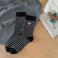 Black and white striped cotton socks with small animal embroidery and wavy ribbed cuffs - One Size / Black