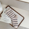 Striped mid-calf cotton socks in beige with navy stripes and silver metal tag - One Size / Oatmeal