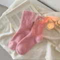 Pink mink velvet winter socks with lace handmade label on a cozy home background - Rose Red