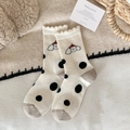 Calze in lana lavorate a maglia bianco latte con pois, motivo cucciolo e bordi a volant - Bianco Latte (Cucciolo a Pois)