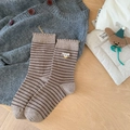 Striped cotton ankle socks in light brown with ruffle cuffs and cute sheep patch - One Size / Light Coffee