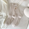 Cream knit mid-calf socks with cute puppy embroidery and wavy rolled cuffs for women - Khaki