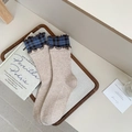 Mid-calf cotton socks in oatmeal beige with blue plaid ruffle cuffs and ribbed texture - Oatmeal