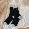 Thick wool blend socks in black with light blue patchwork and white embroidery detail - One Size / Black