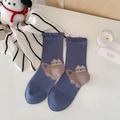 Japanese style frilly socks in dusty blue featuring cute cartoon cat jacquard patterns - One Size / Cartoon Cat Pattern / Denim Blue