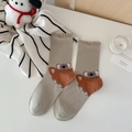 Beige cotton crew socks with 3D koala cartoon design and wavy ruffle cuffs for women - One Size / Cartoon Koala Pattern / Bean Green