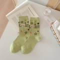 Lichtgroene katoenen halfhoge sokken met schattige kattenpatronen en jacquardmotieven - Eén maat / Groen