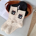 Lindos calcetines de algodón beige con lunares marrones y bordado de gato negro con gorro - Talla única / Color Avena