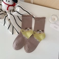 Kawaii mocha brown socks with frilly cuffs and cartoon puppy in a teacup design - One Size / Cartoon Puppy Pattern / Dark Camel