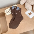 Brown mid-calf socks featuring cute cartoon dog and heart embroidery in cotton blend - One Size / Coffee