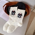 Cute off-white crew socks with blue polka dots and black cat embroidery detail - One Size / White