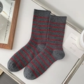 Deep grey and red striped crew socks with ribbed cuffs in a retro athletic style - One Size / Striped Dark Grey
