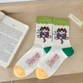Women's cotton crew socks featuring a cute cartoon cat with a fish and Meow embroidery - Green Rib (Cat with Fish)